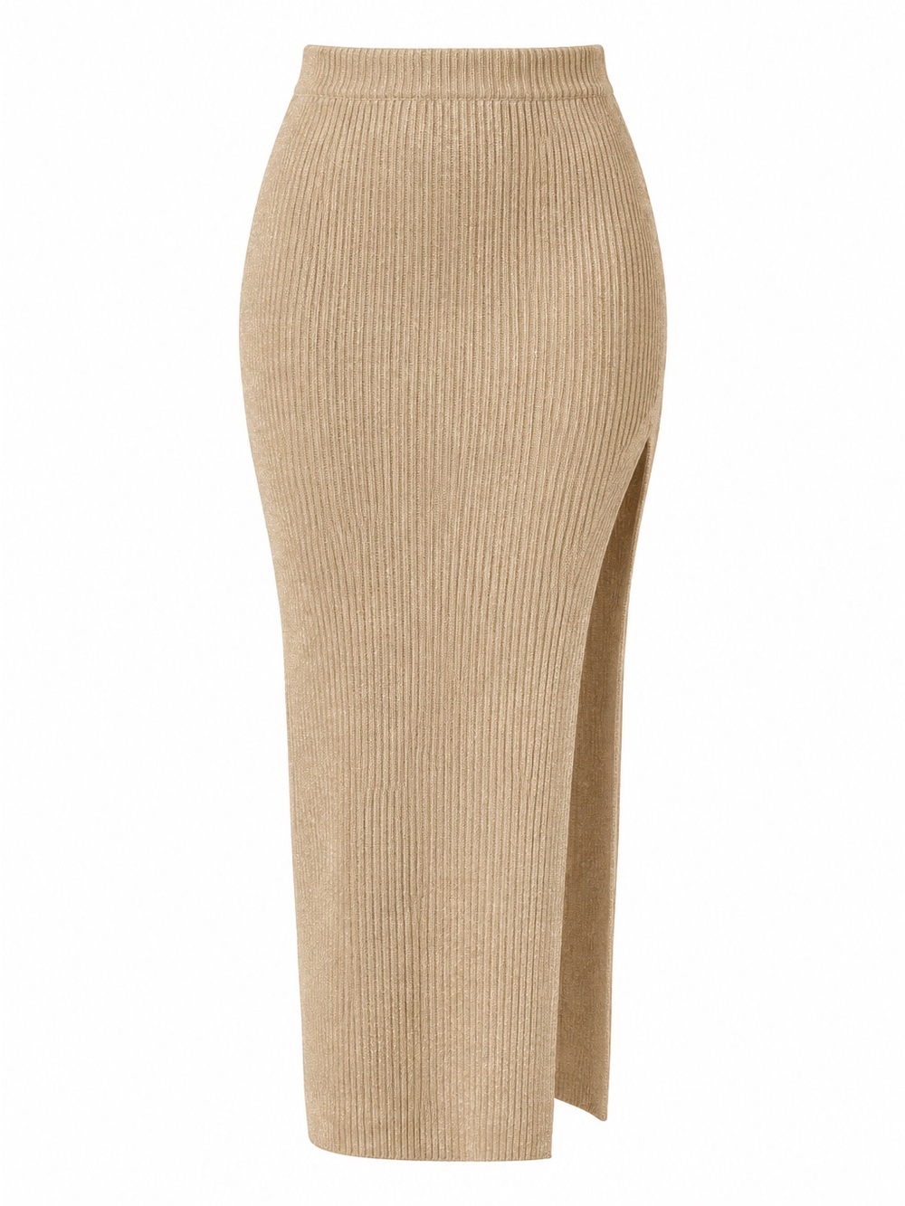 Ribbed Knit Midi Skirt with Side Slit - Beige